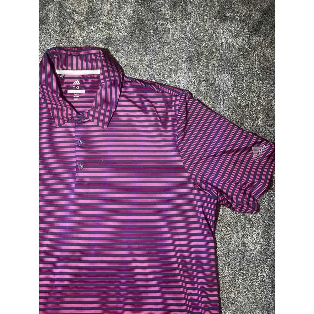 Adidas Golf Polo Shirt Men's 2XL Pink Navy Blue Striped Short Sleeve Performance